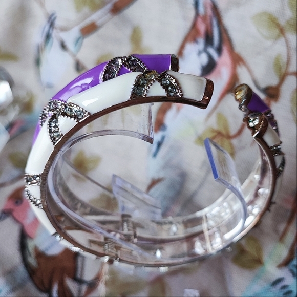 Silver Tone Purple and White Enameled Rhinestone Set of Clamper Bangle Bracelets - Picture 7 of 7